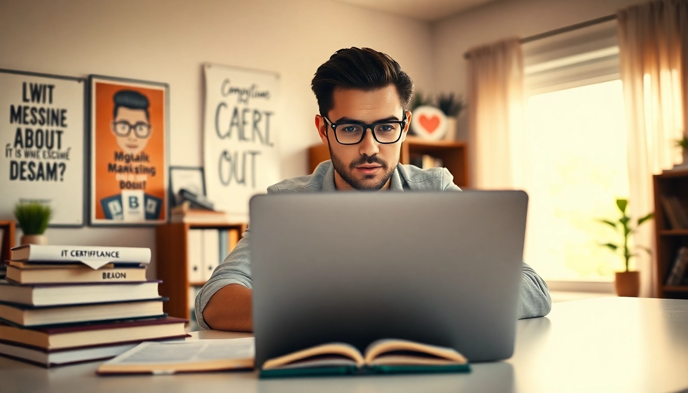 Student focused on passing IT certification exams in a bright home office setting.