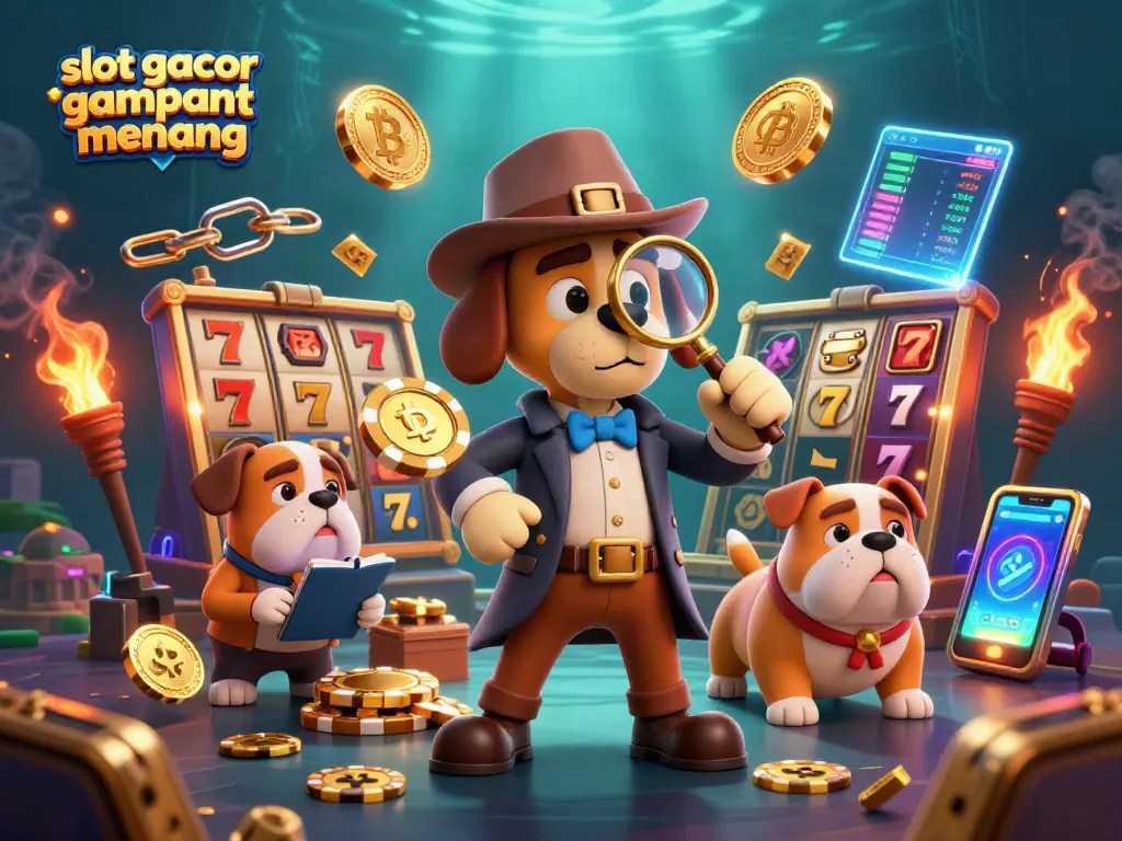 Slot gacor gampang menang, detektif kartun 3D menemukan petunjuk chip poker emas di dunia kasino.
