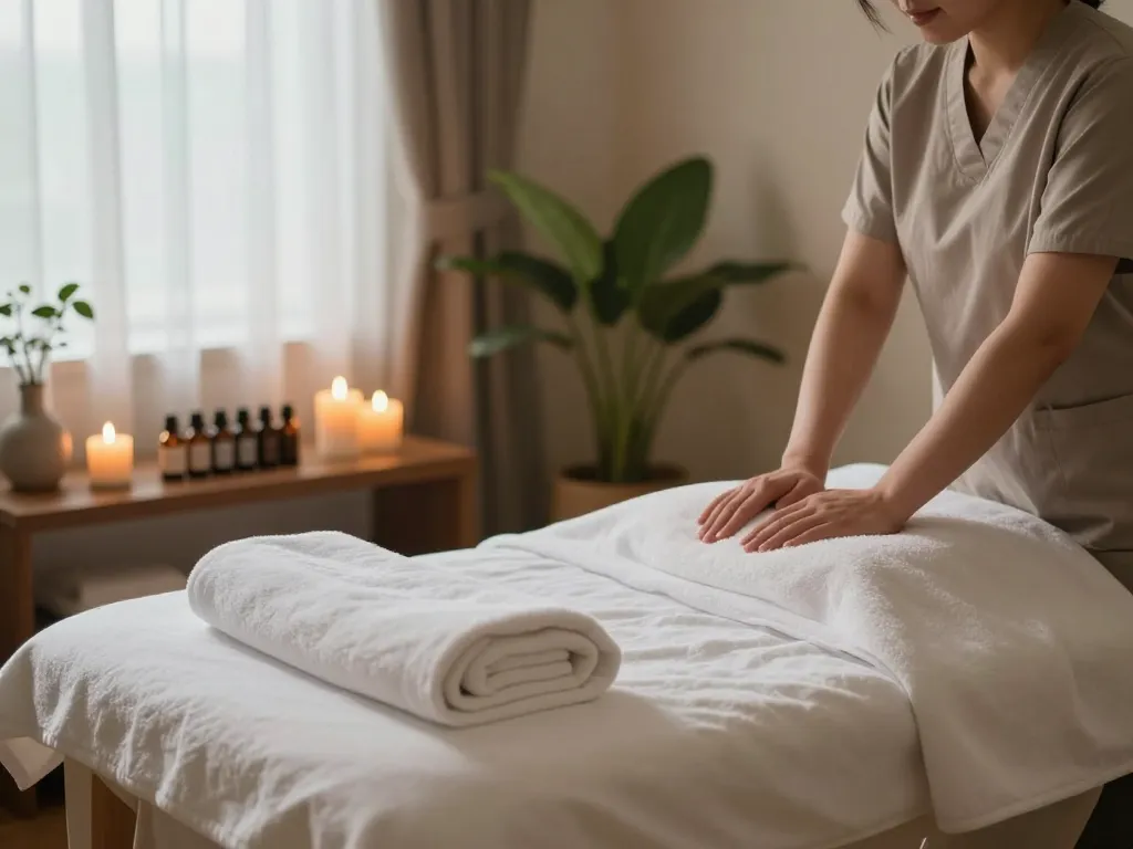 Relaxing 삼산동마사지 therapy room with soft lighting and aromatic oils.