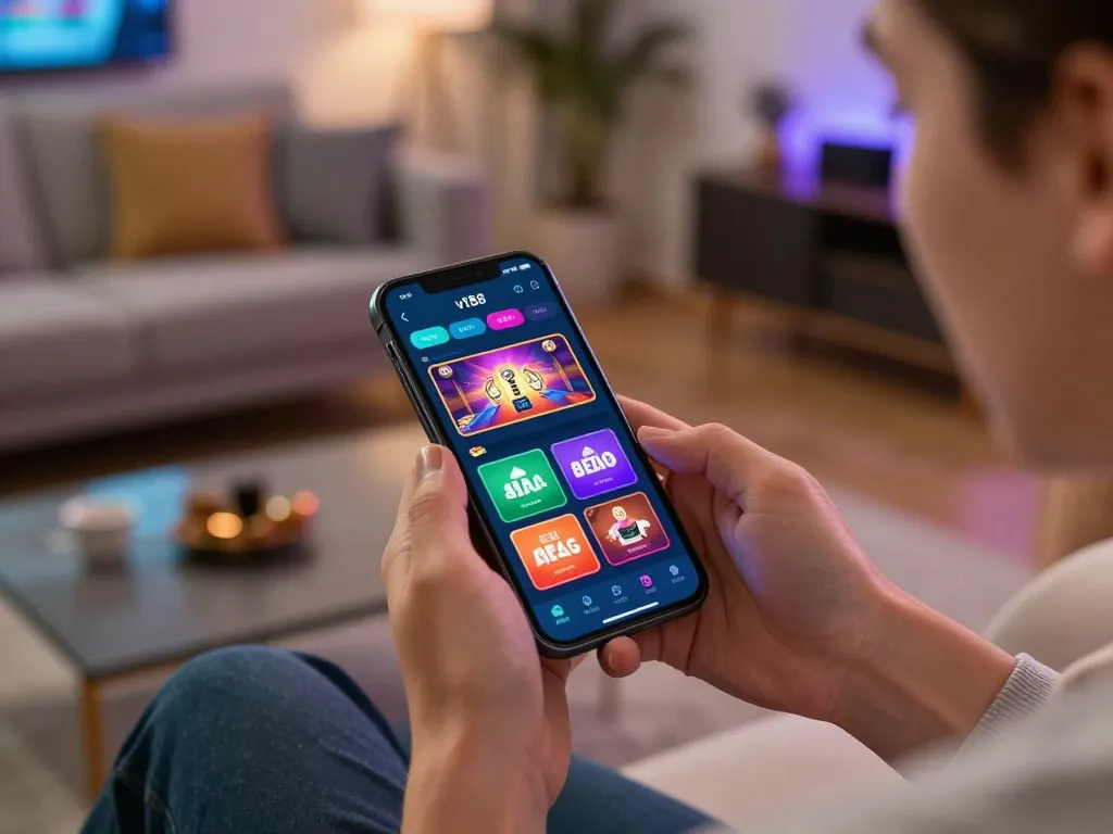 Playing casino games on the vt88 app with engaging smartphone interface in a cozy living room setting