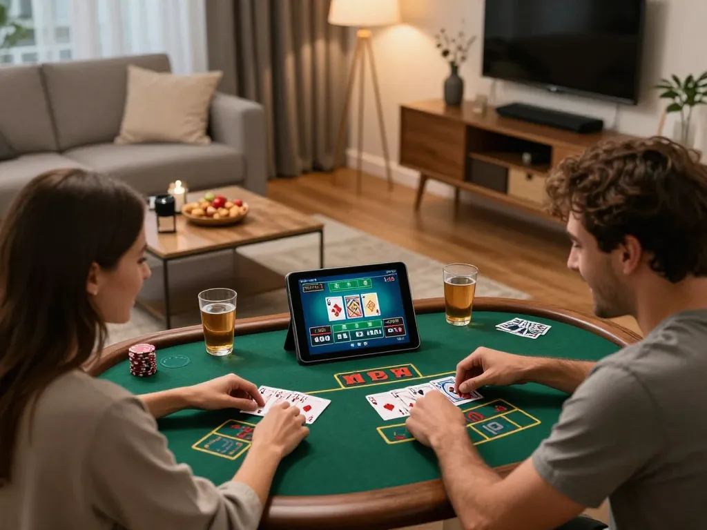 Open88 players engaging in an exciting blackjack game at home, showcasing a cozy atmosphere and responsible entertainment.