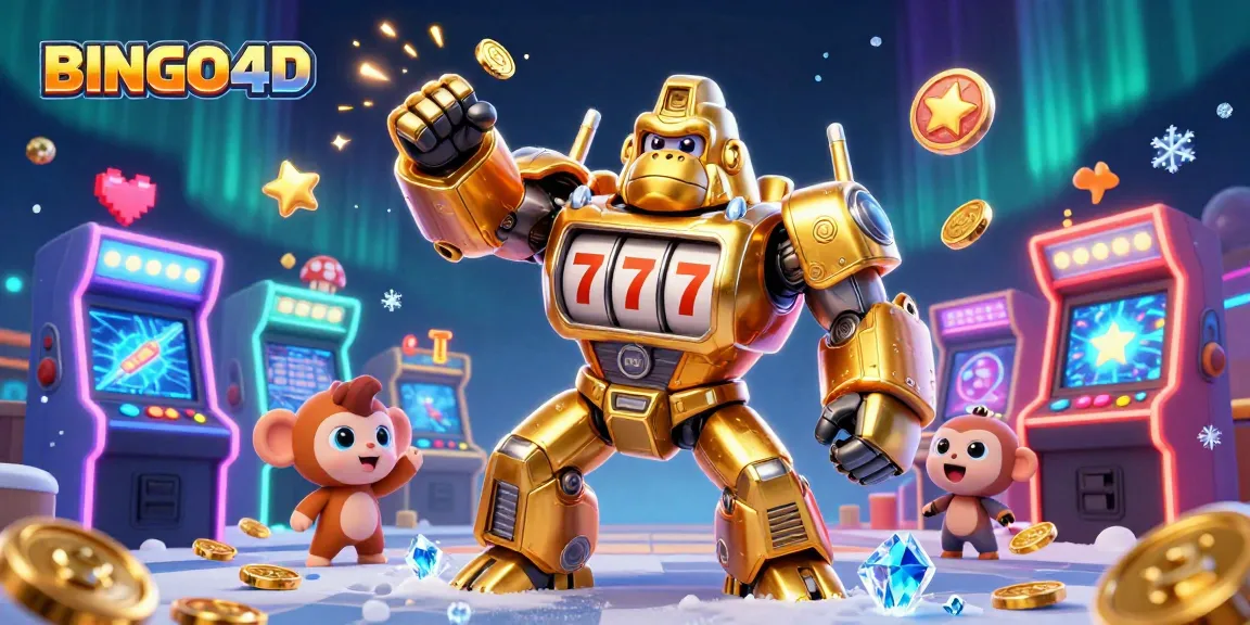 BINGO4D menampilkan gorila emas mekanik dengan alat slot dan mesin permainan yang cerah.