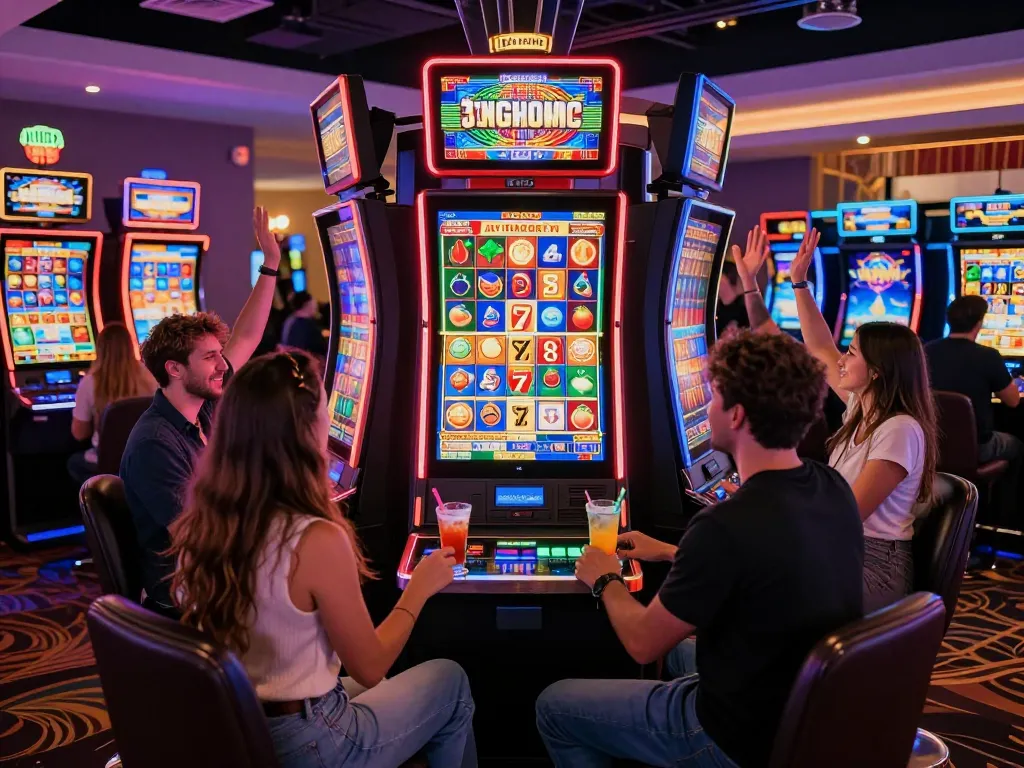 Link slot machines drawing in enthusiastic players enjoying a vibrant casino atmosphere.