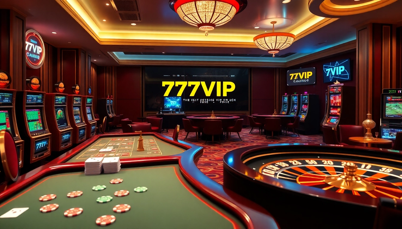 High-stakes gaming at 777VIP, showcasing luxurious casino tables and exciting slot machines.