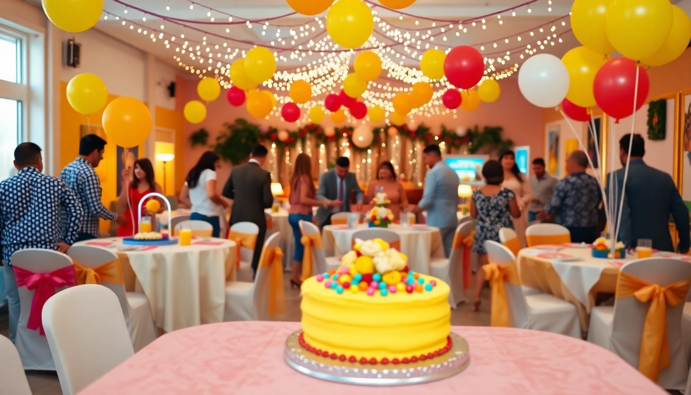 Guests enjoying vibrant Party Rentals set up for a festive event with colorful decor.