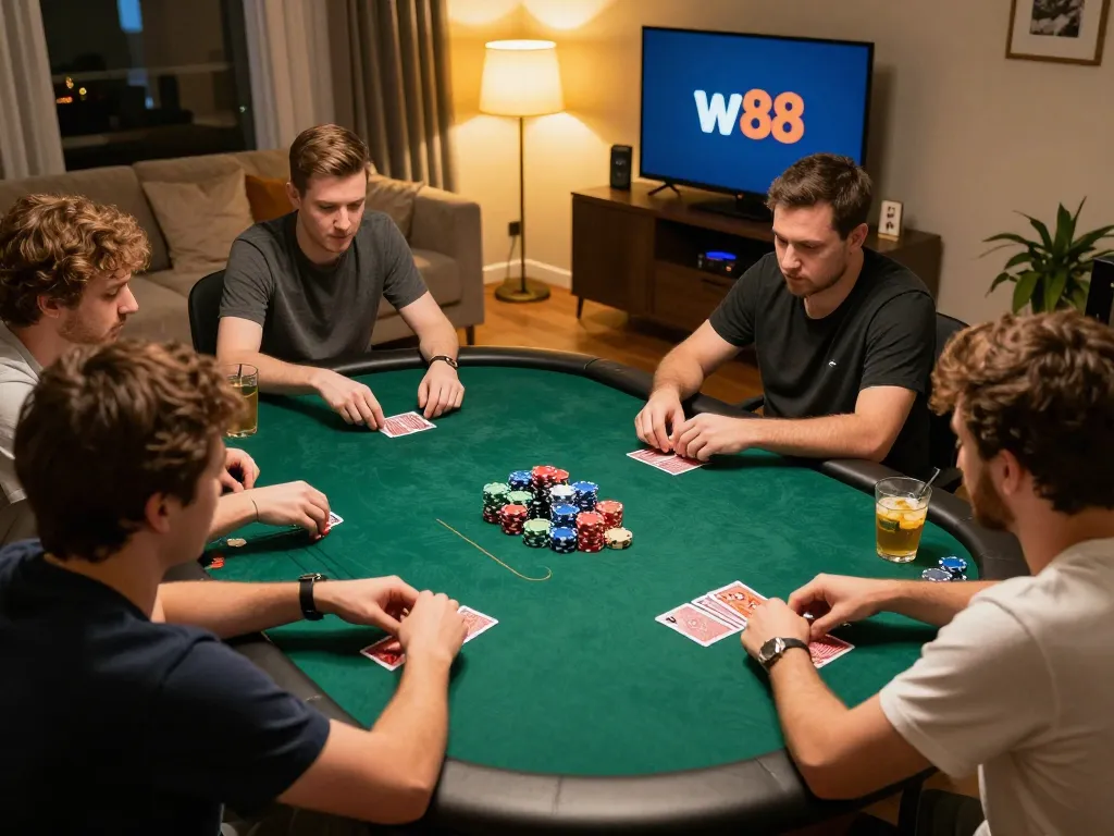Engaging evening poker game night featuring players enjoying w 88 action around a vibrant table setting