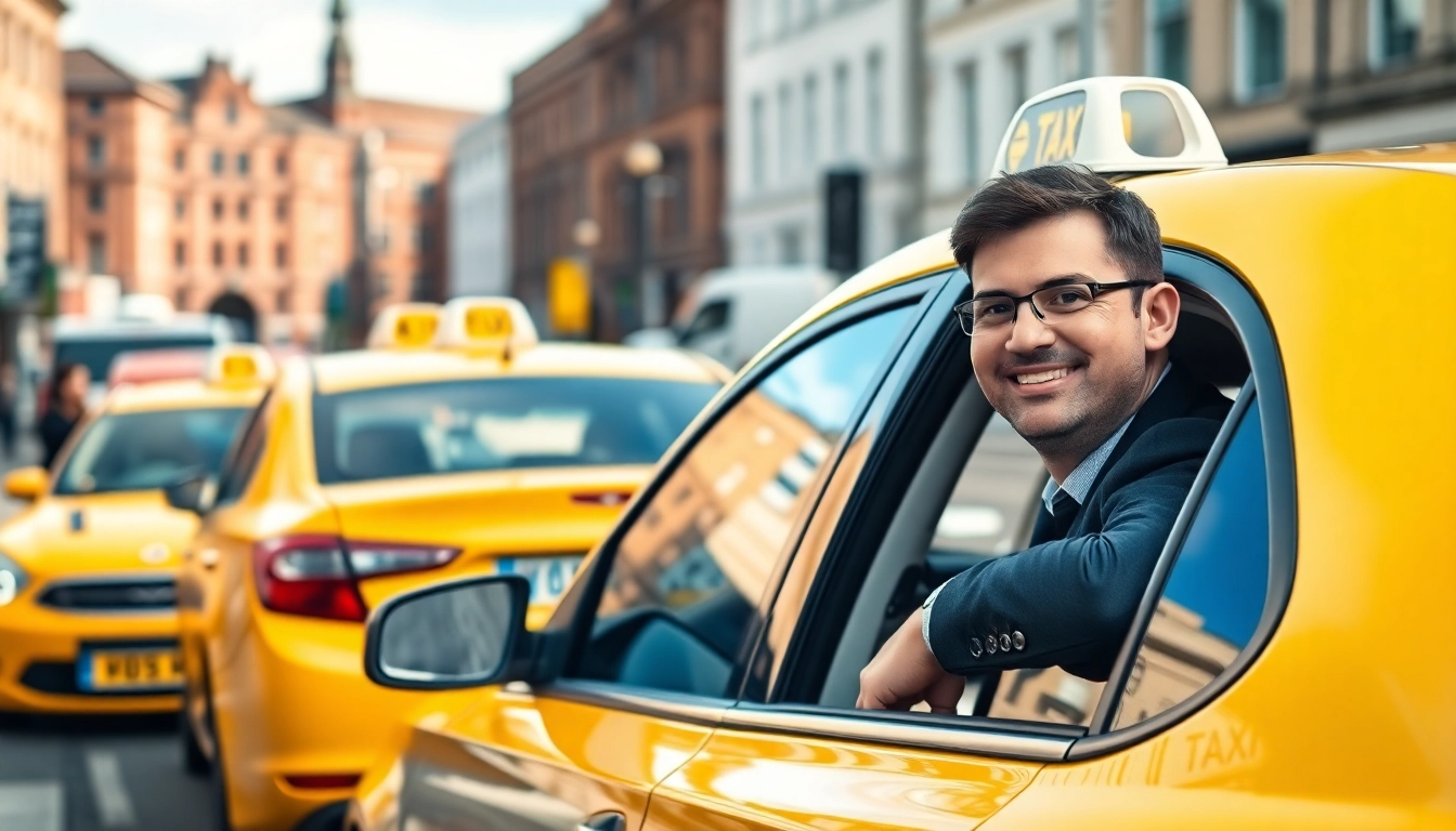 Catch a West Bridgford Taxi greeting passengers in a lively urban scene.