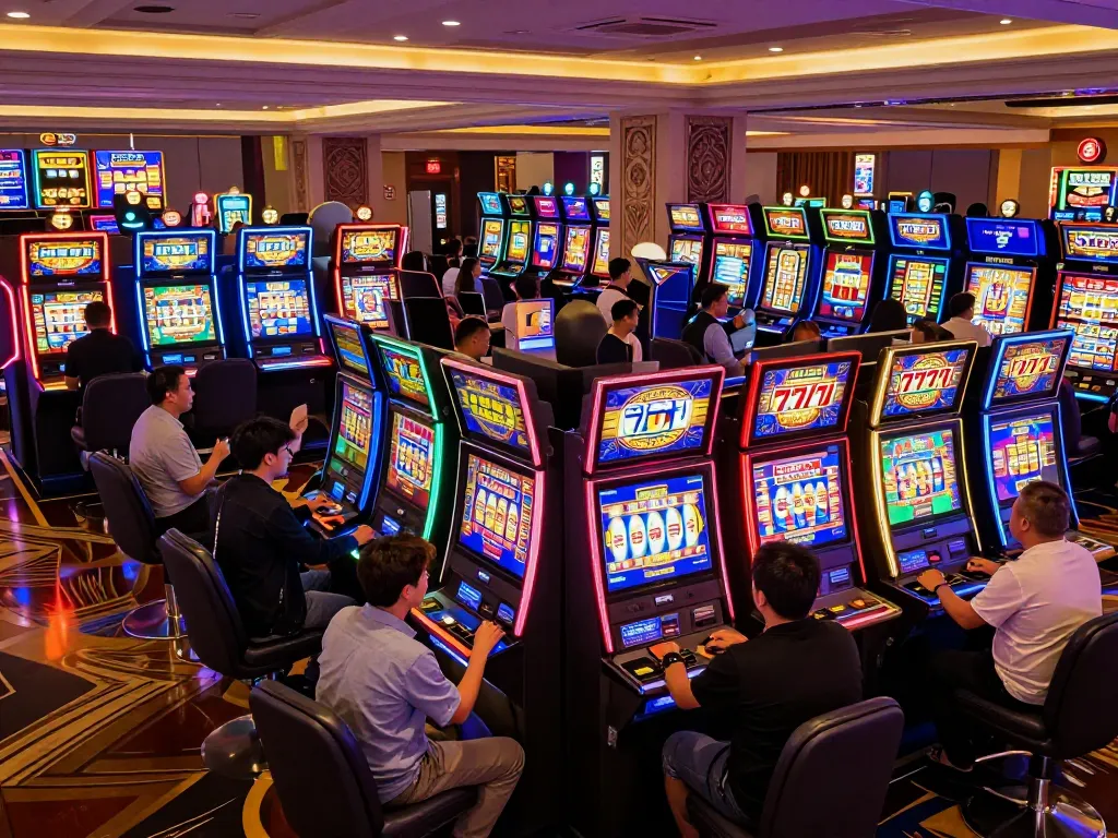 Players enjoying the excitement of slot gacor 777 machines at a vibrant casino.