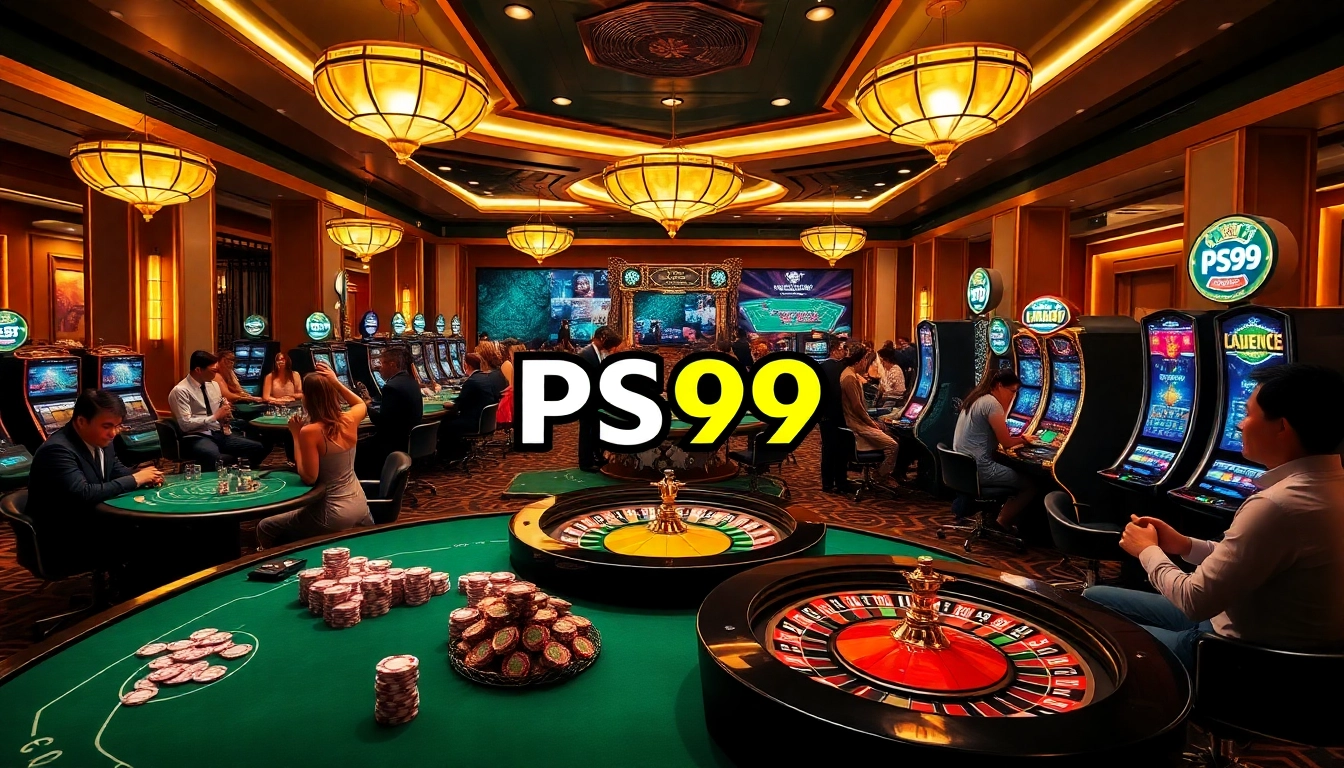 Exciting PS99 gambling scene with poker chips, roulette wheels, and slot machines.