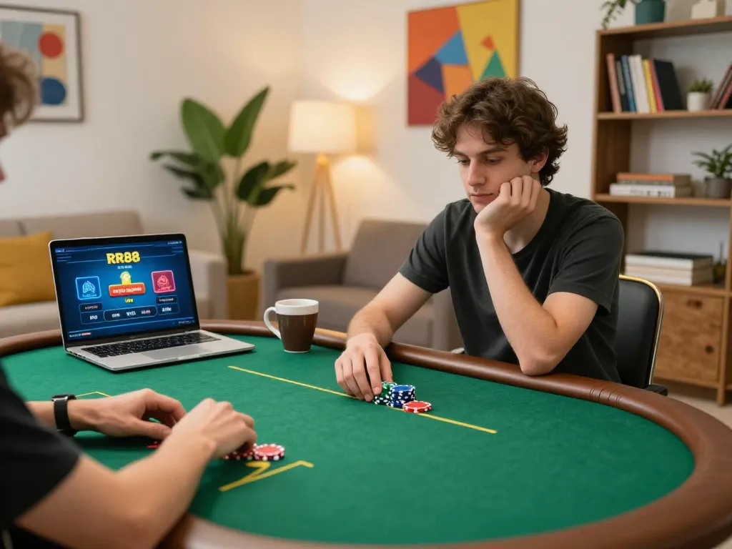 Engaging in an online poker game with RR88, showcasing strategic gameplay at home.