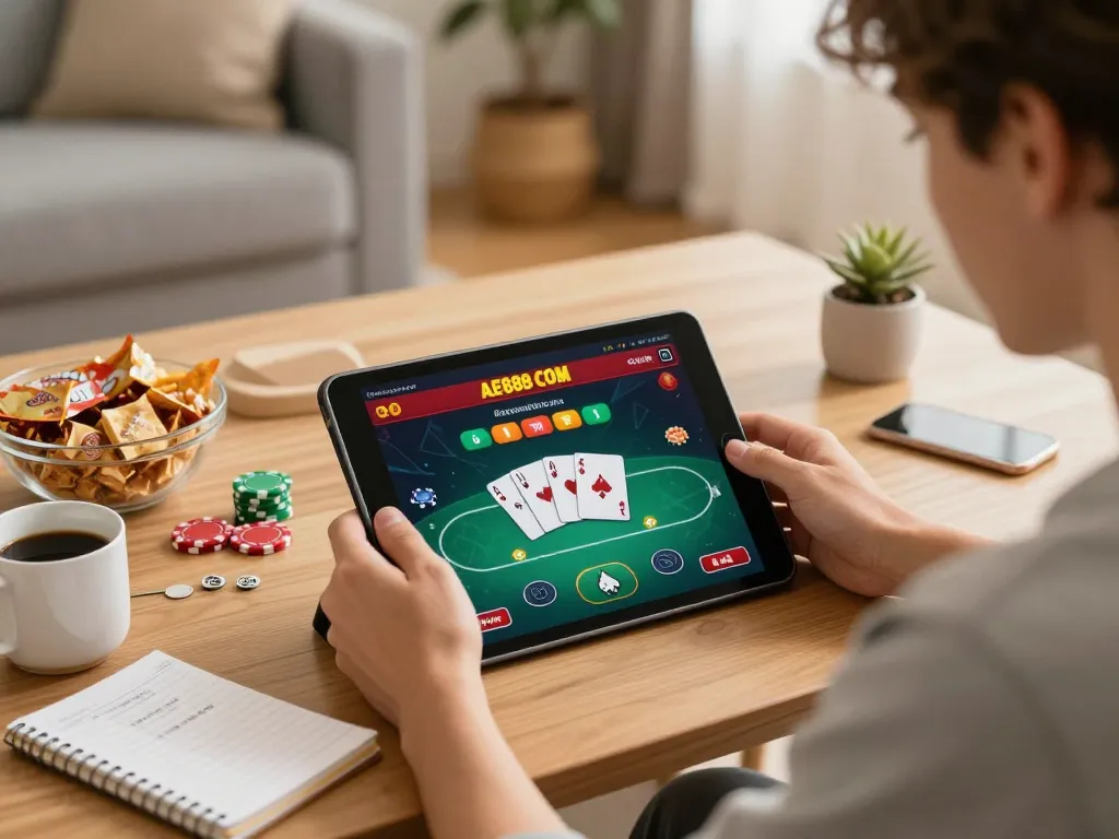 Engaging online gaming with AE888 COM showcasing poker strategies from a cozy home setting.