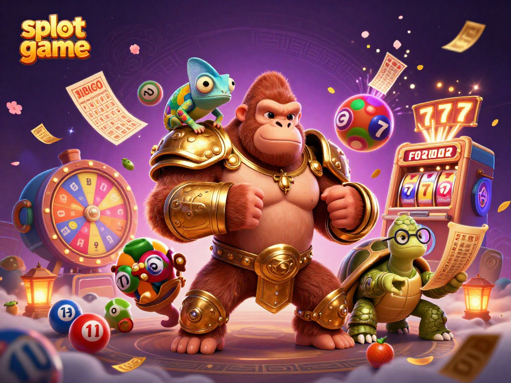 Experience exciting slot game dynamics with a powerful gorilla king, colorful lottery elements, and vibrant casino action.