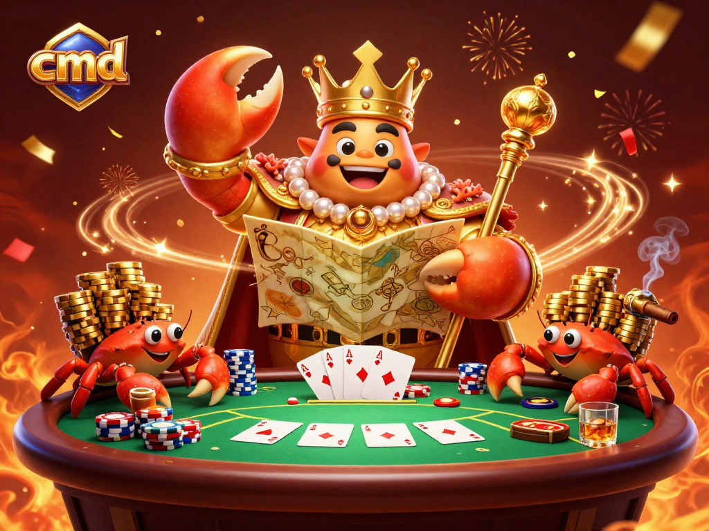 Win big with cmd in this vibrant 3D scene featuring a golden crab emperor at a poker table.