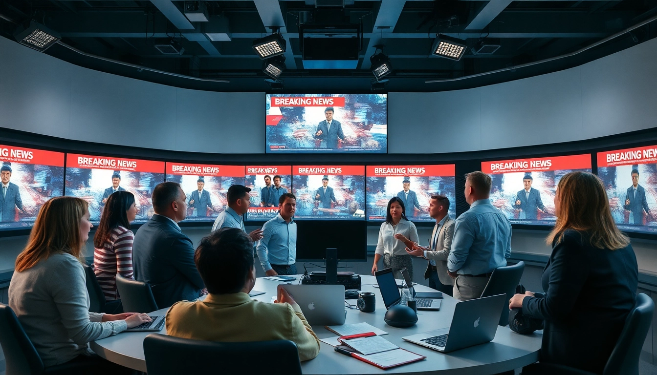 Journalists actively reporting the latest news in a modern newsroom setting.