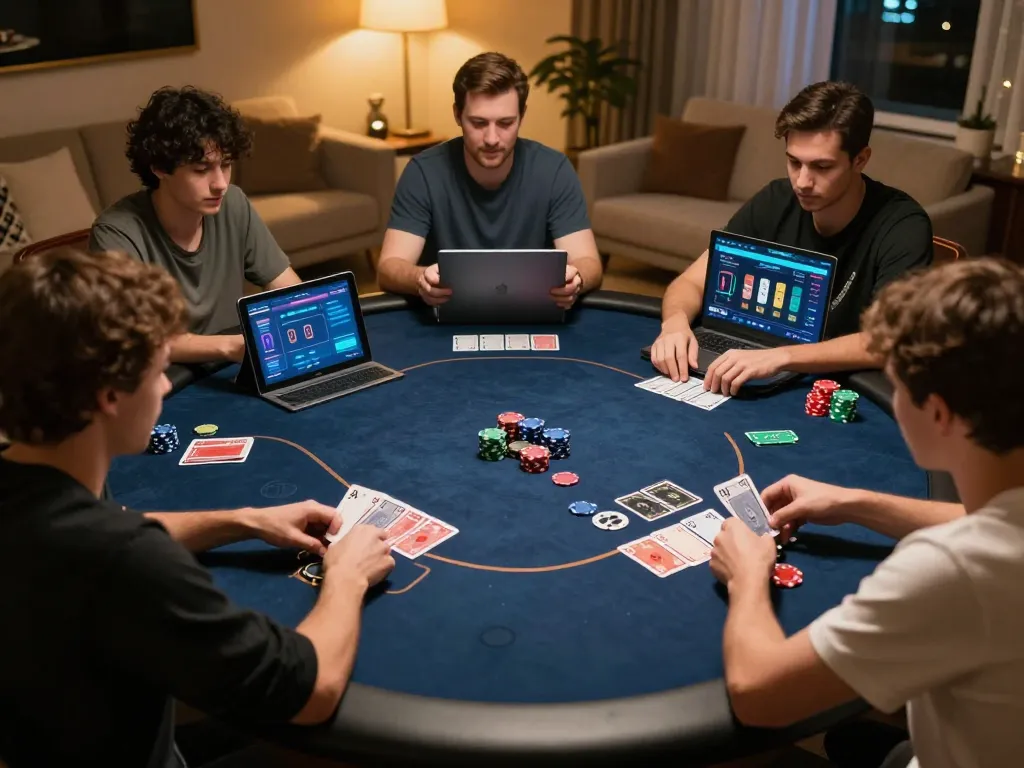 Kubet players strategizing in an online poker game, showcasing technology-driven gambling.