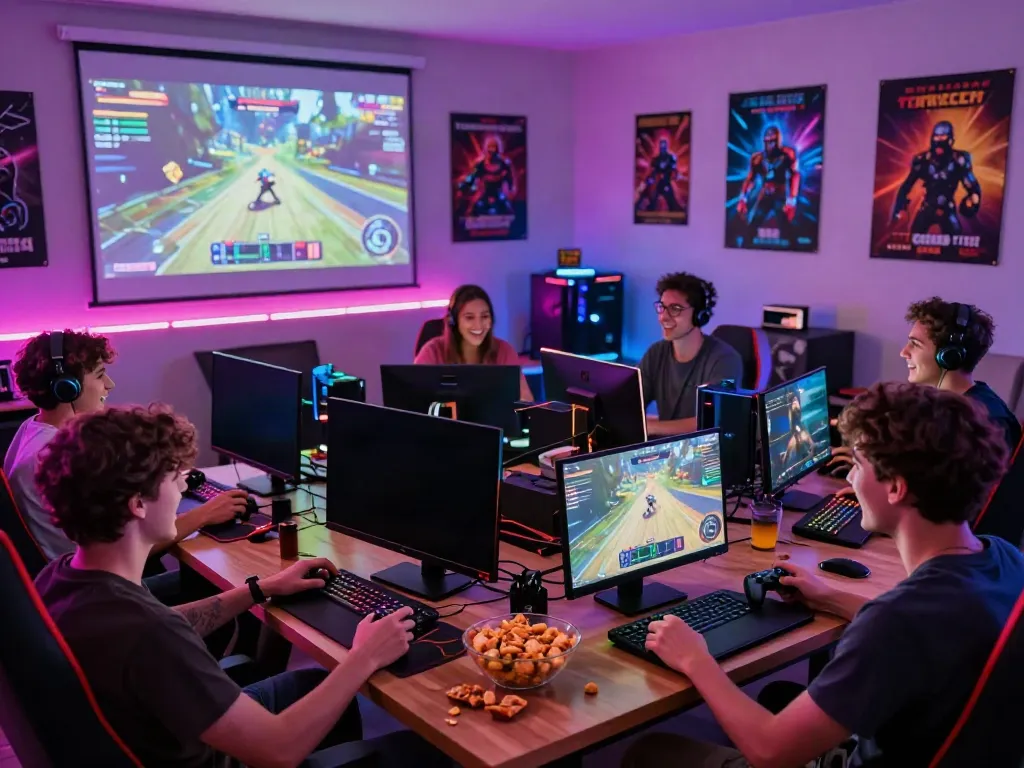 Group of friends energetically playing games together, showcasing the excitement of ORION88 gaming.