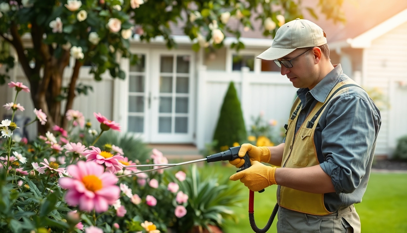 Residential insect exterminator treating a backyard with eco-friendly methods.