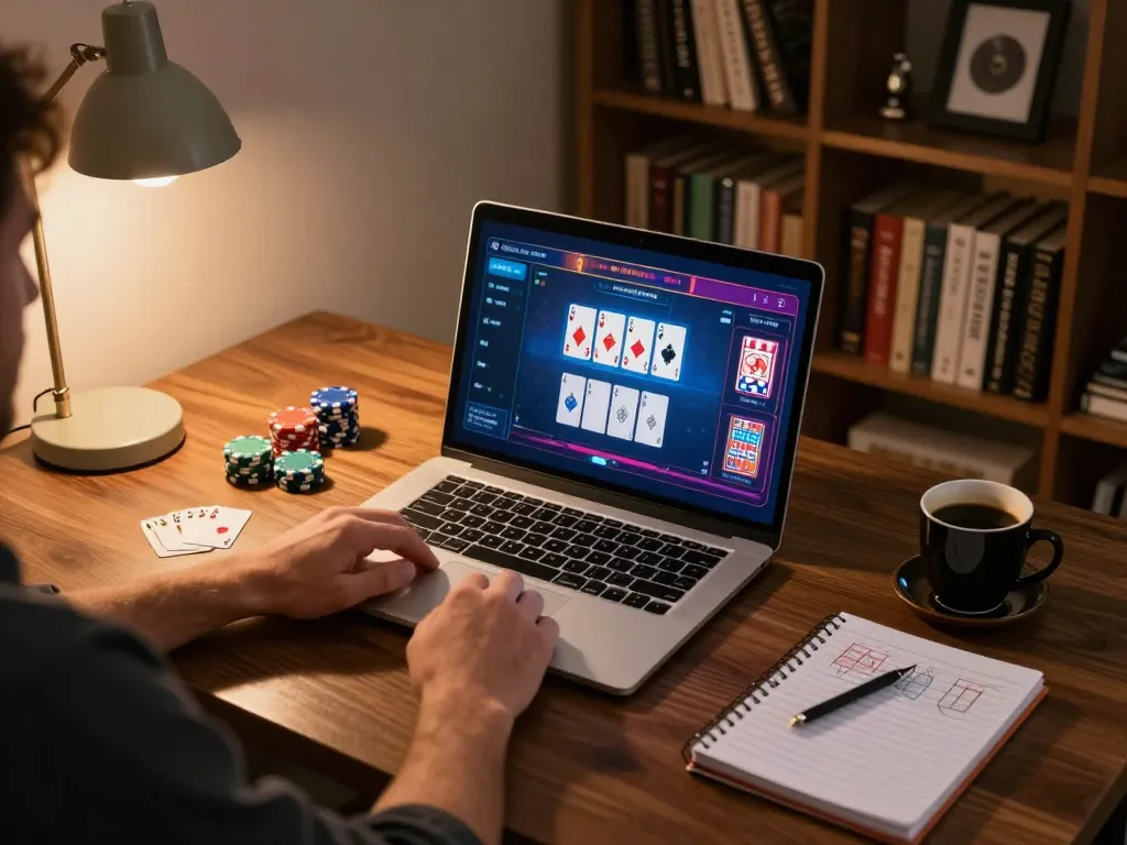 Player strategizing at home using ev999 for online poker with engaging graphics and cozy setup