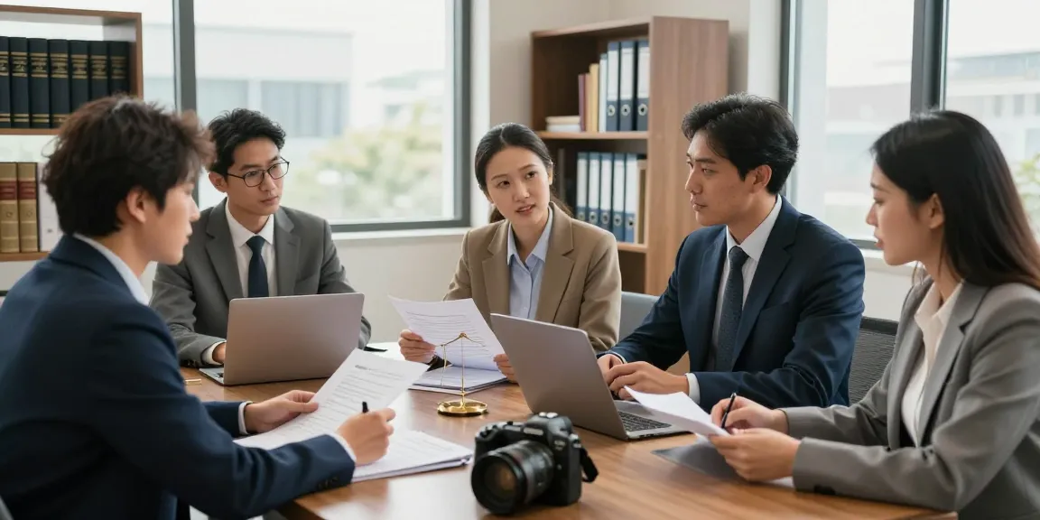 개인회생을 위한 전문 법률 상담 장면, 법률팀이 문서를 검토하며 토론하는 모습