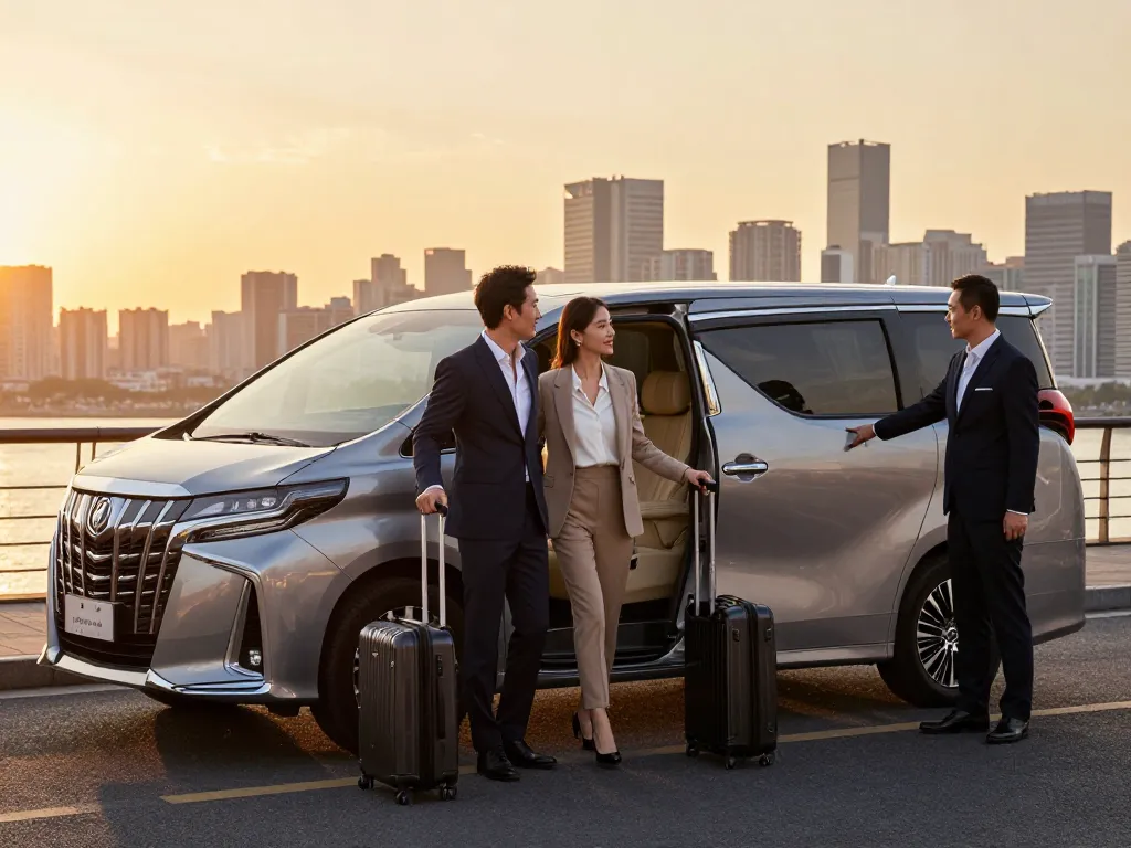 Trải nghiệm du lịch sang trọng với thuê xe Alphard tại Hồ Chí Minh, với một cặp đôi ngắm hoàng hôn tận hưởng một chiếc xe thuê phong cách trong thành phố.