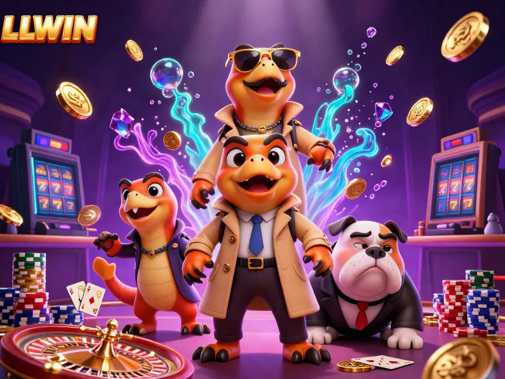 Experience the thrill of LLWIN with animated raptors in a trench coat entering a vibrant casino.