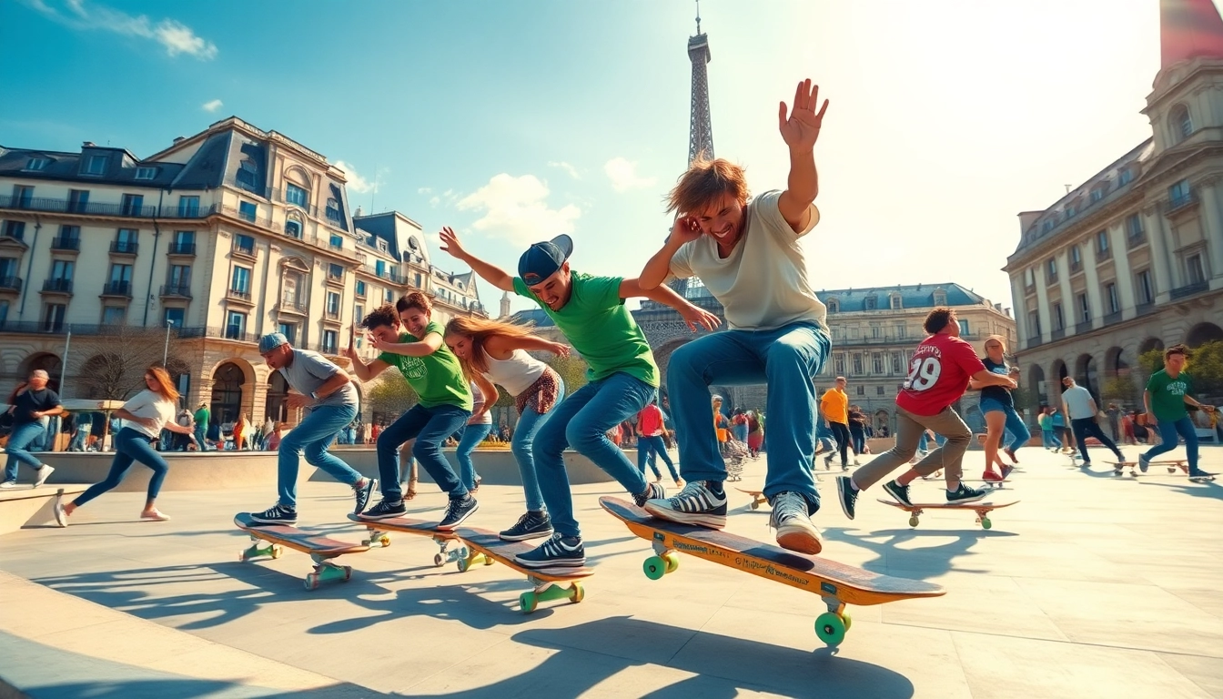 Skateboarding courses in Paris featuring energetic skaters showcasing skills.