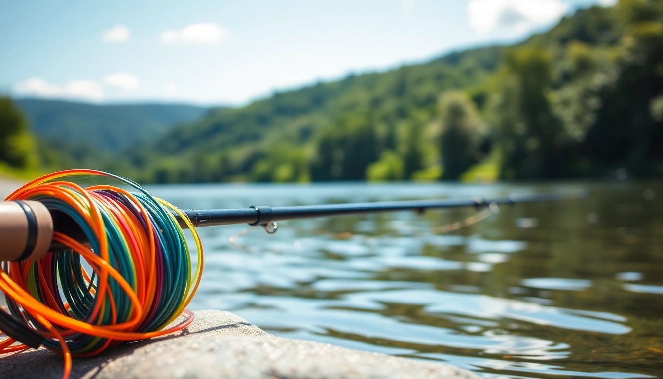 Fly fishing line coiled beside a fly rod on a tranquil riverbank setting.