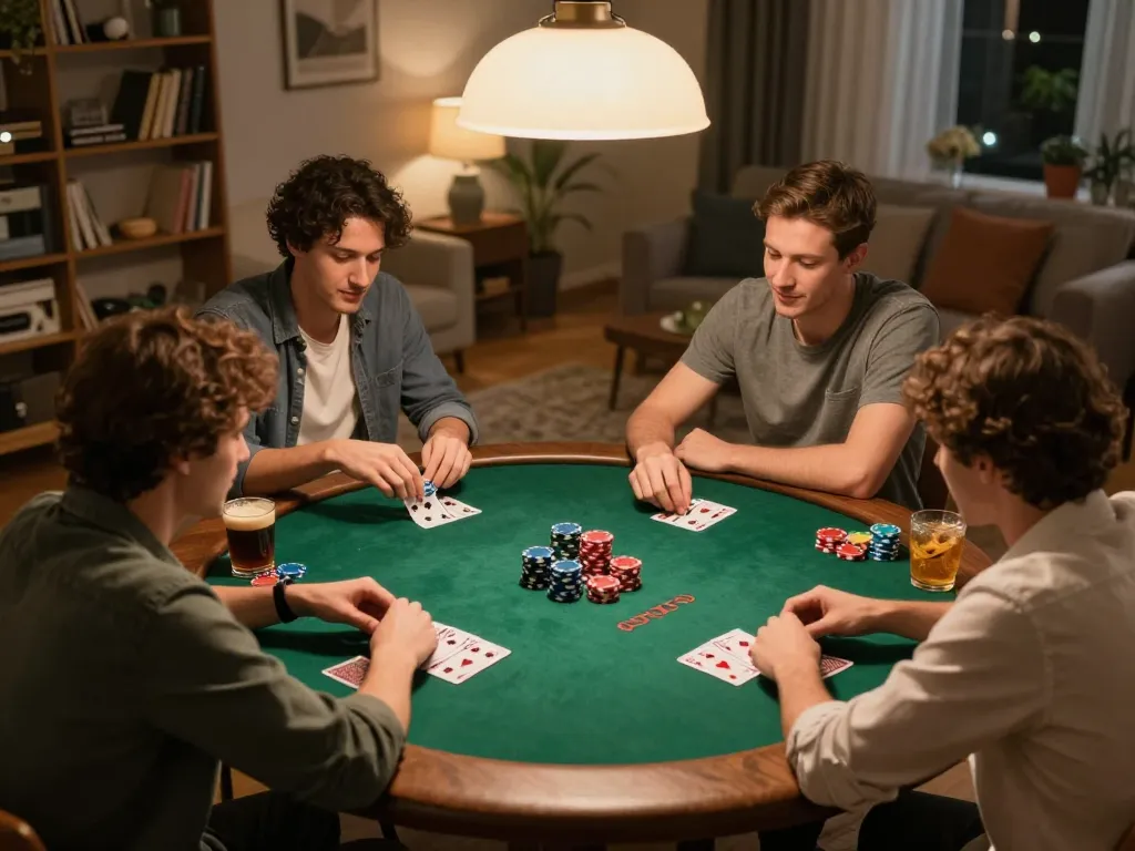 C168 poker players enjoying a friendly game at home with colorful chips and cards.