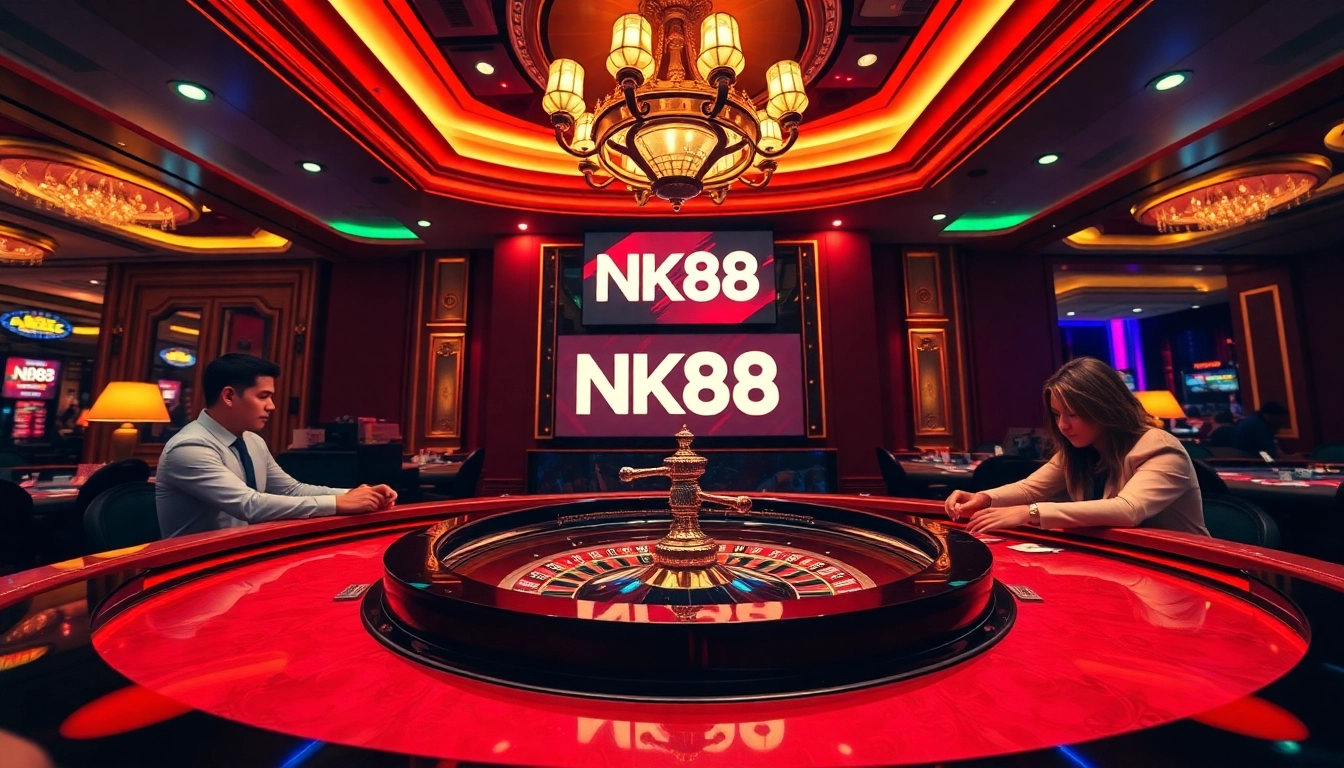 Players enjoying the excitement of roulette at NK88 casino, showcasing luxury and thrill.