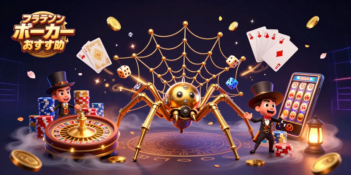 オンライン ポーカー おすすめの魅力を表現したイラスト、ゴールデン蜘蛛とビクトリアンの紳士が共演。