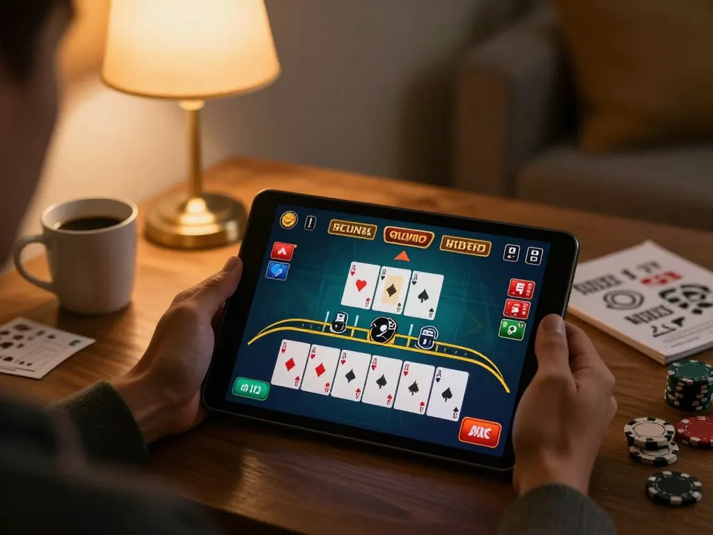 Engaging game 98win experience as player enjoys blackjack on tablet in cozy home.