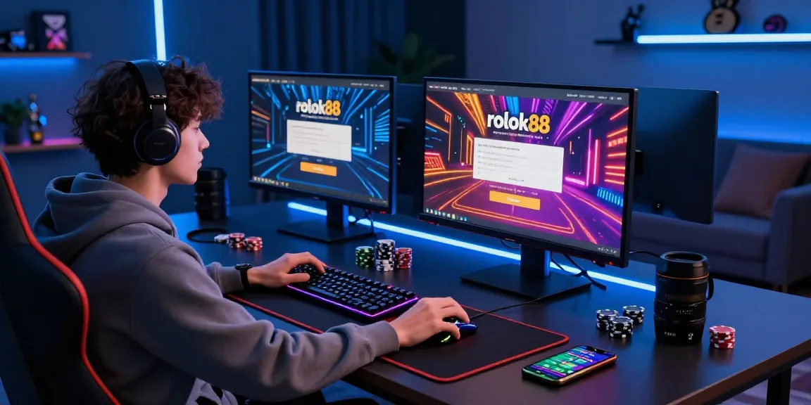 Engaged player at rokok88 login screen in a vibrant gaming setup, surrounded by casino graphics and poker chips.