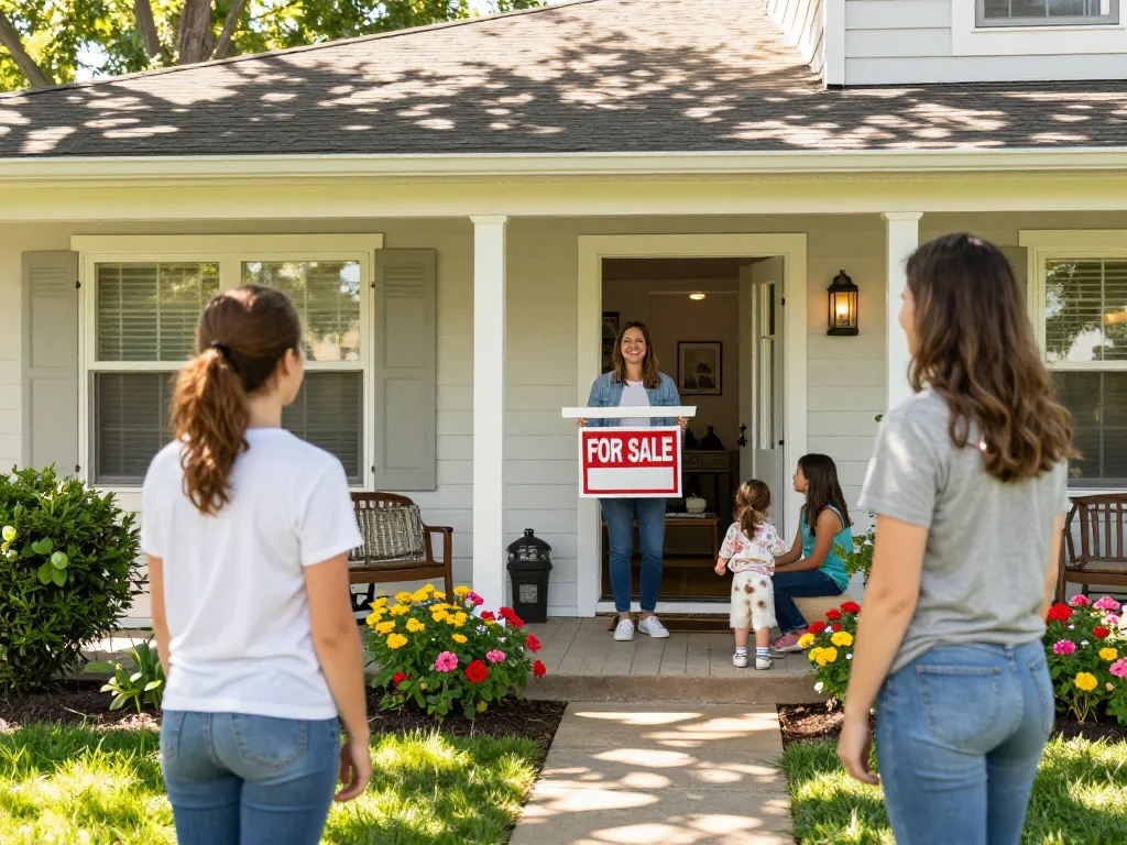 Sell my house today with a friendly homeowner on the porch inviting buyers into a welcoming environment.