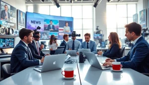 View of professionals at suntimesnews.com collaborating in a vibrant, modern newsroom