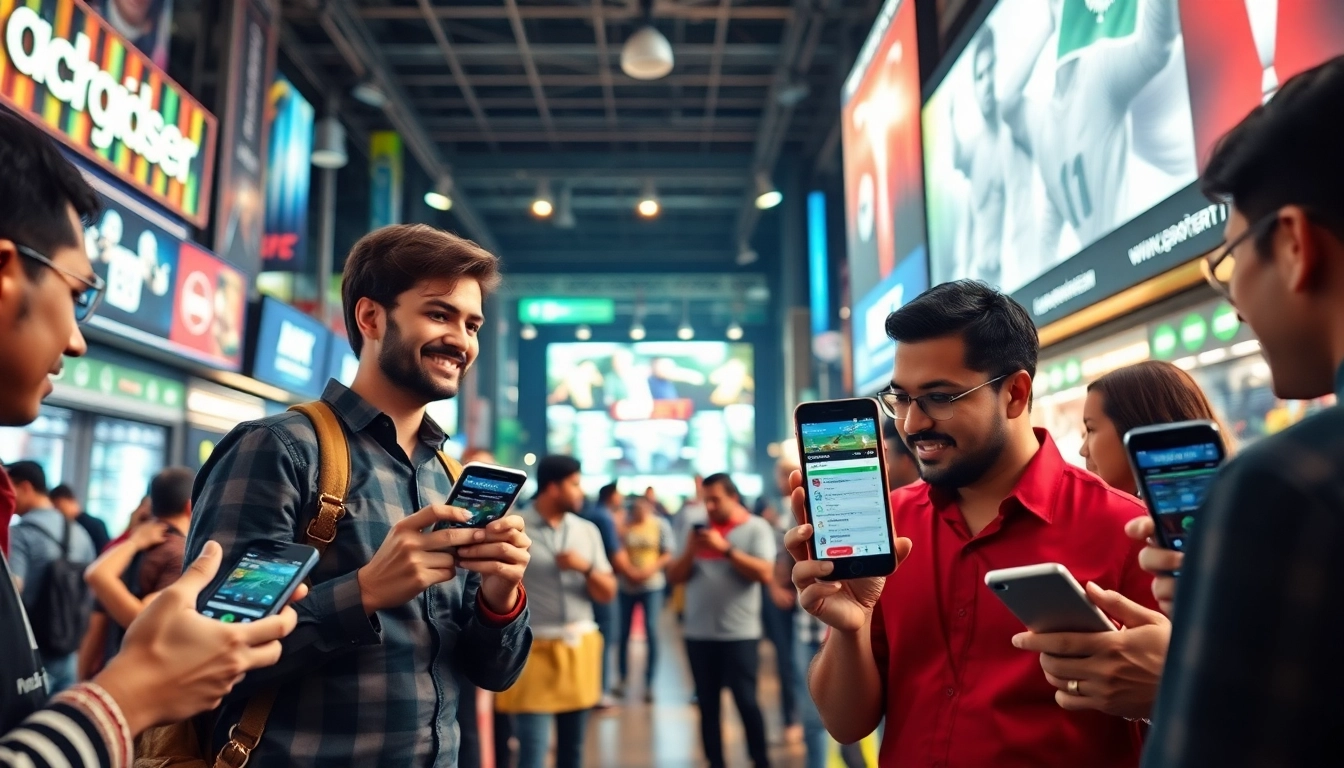 Engaged users placing bets on best sports betting apps in India through smartphones in a lively urban environment.