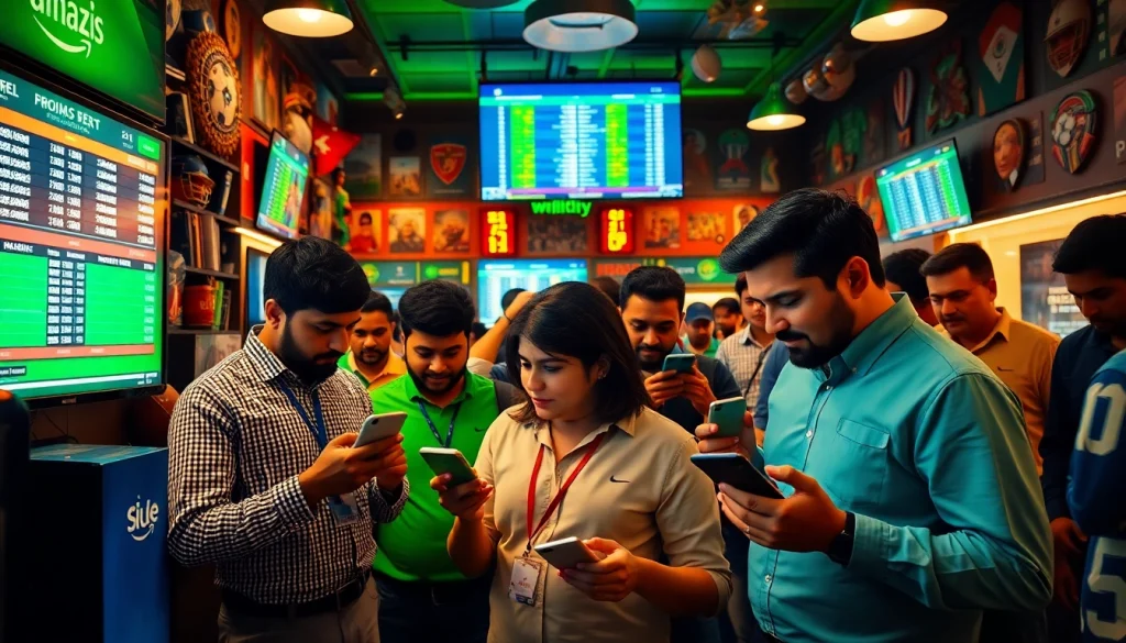 Engaged bettors immersed in sports betting in India, analyzing odds and scores in a vibrant environment.