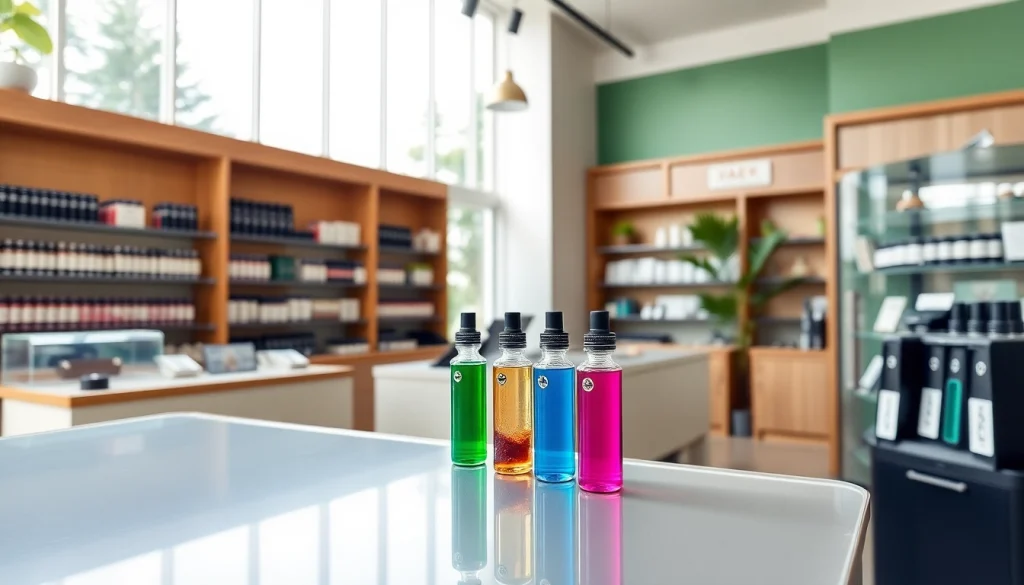 In einem Vape Shop sorgfältig angeordnete E-Zigaretten und Zubehör präsentieren.