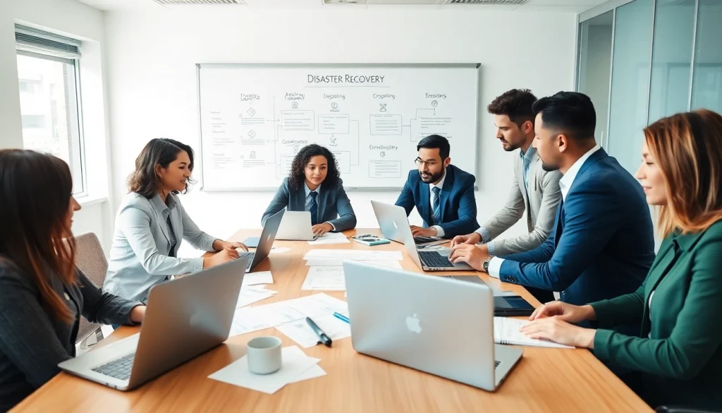 Engaging disaster recovery planning discussion among professionals at a modern office table.