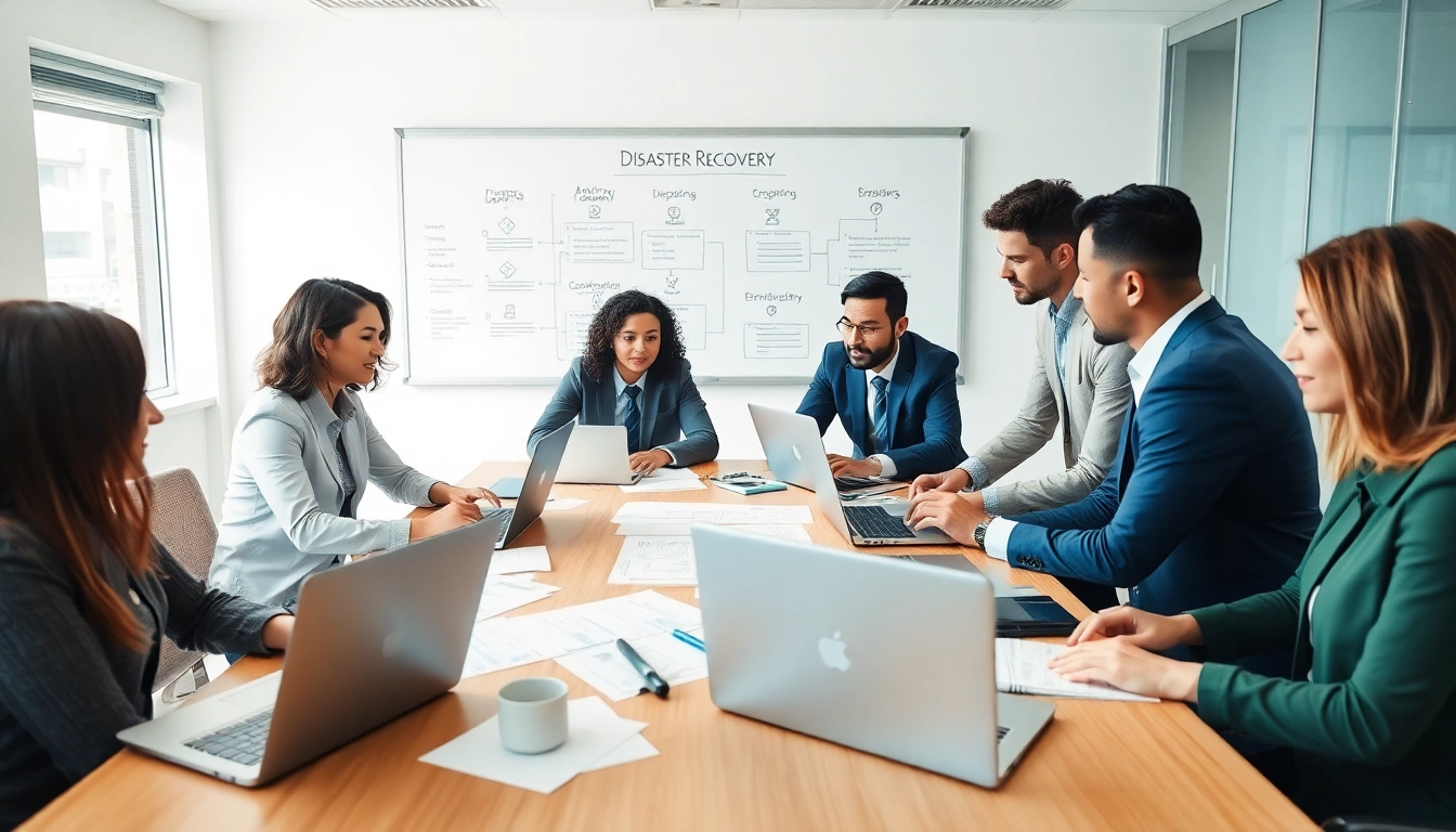Engaging disaster recovery planning discussion among professionals at a modern office table.