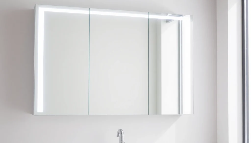 Spiegelschrank mit LED Beleuchtung in modernem Badezimmerdesign zeigt stilvolle Details.