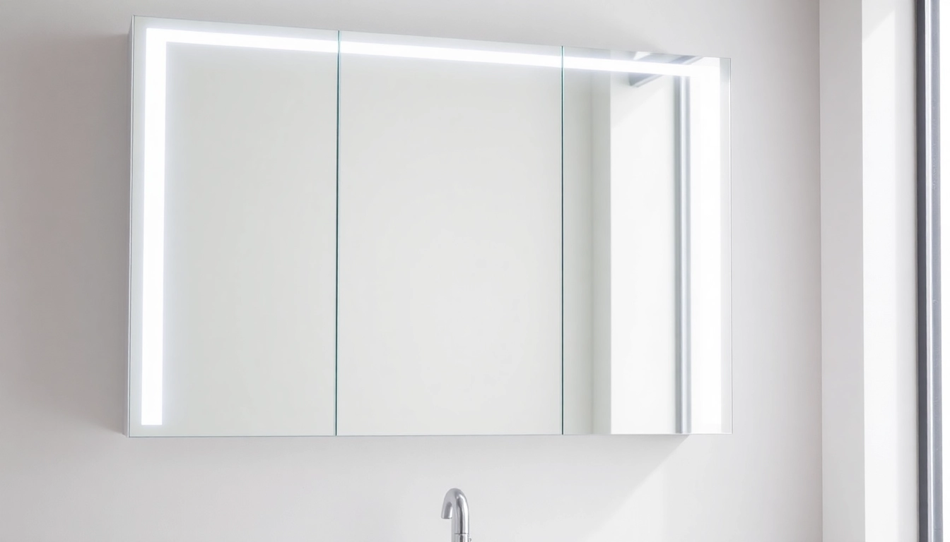 Spiegelschrank mit LED Beleuchtung in modernem Badezimmerdesign zeigt stilvolle Details.