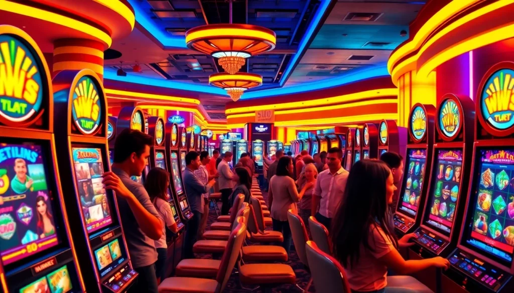 Bermain pada batman138 slot yang menarik dengan lampu neon cerah dan suasana kasino yang meriah.