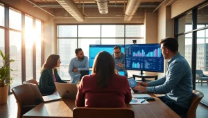 Engaging team discussing Good Wolf Marketing strategies in a dynamic office setting.