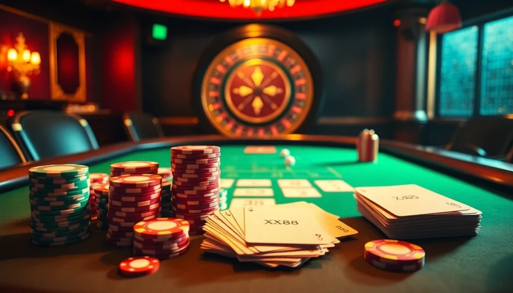 Experience the thrill of XX88 at a luxurious poker table with vivid chips and cards.