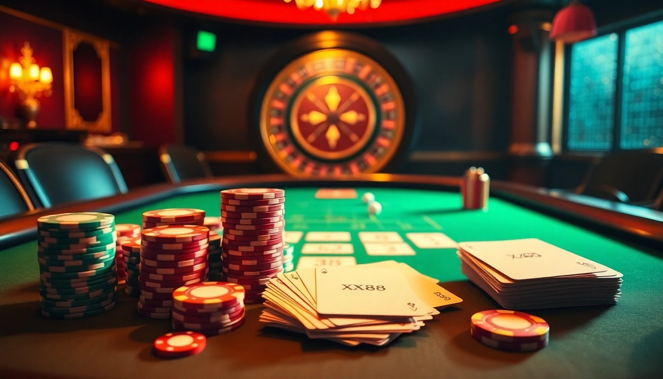 Experience the thrill of XX88 at a luxurious poker table with vivid chips and cards.