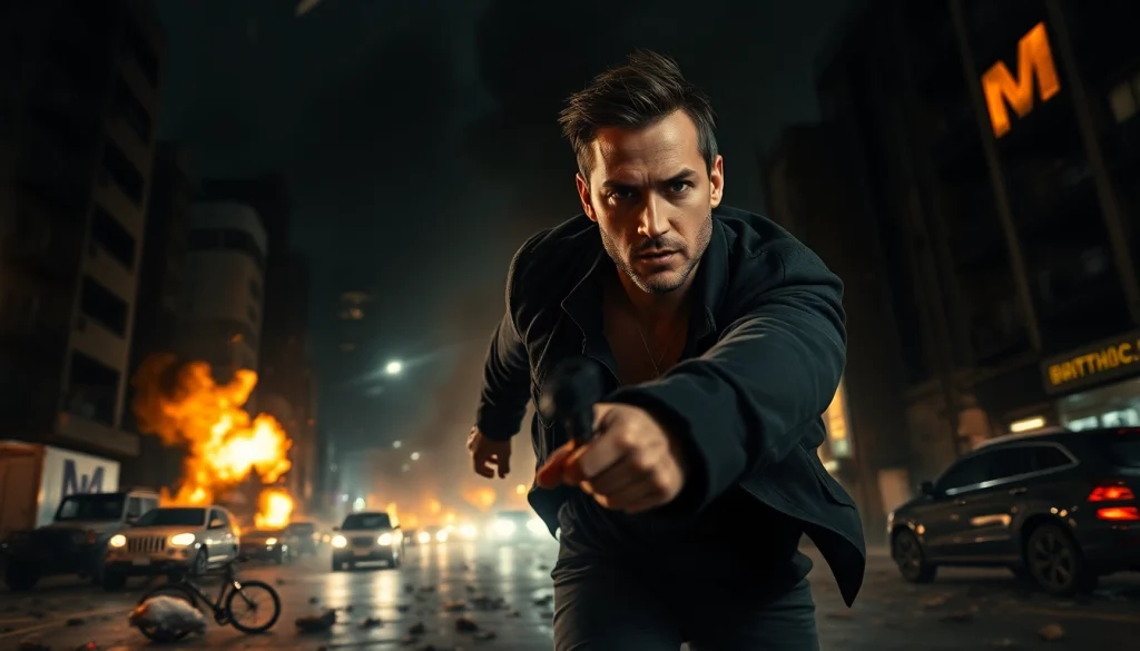 Heroic protagonist in an intense action-packed thriller scene amidst chaos.