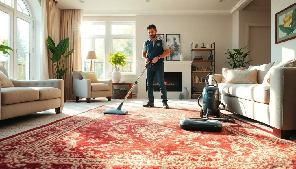 Carpet cleaning Dubai professional service in a cozy living room during sunlight, showcasing advanced cleaning equipment.