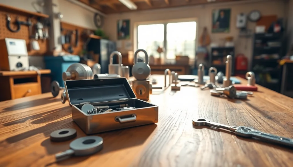 Explore precision locksmith tools and security locks at https://www.dakenlocks.com featured in a professional workshop.