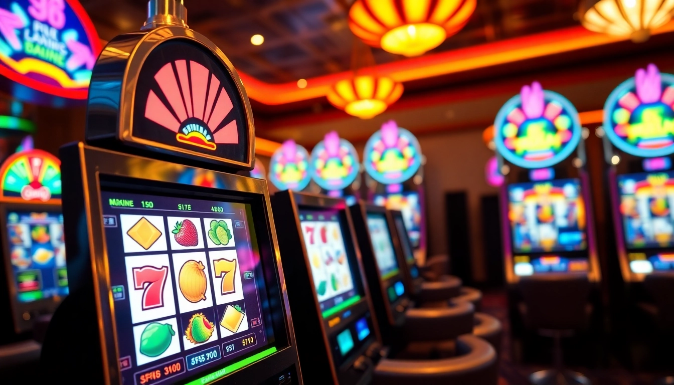 Menangkan jackpot pada slot bertema berkilau dengan lampu cerah di latar belakang kasino.