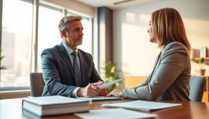 Consulting with a client at https://www.turnpikelaw.com, showcasing a professional attorney in a modern law office.